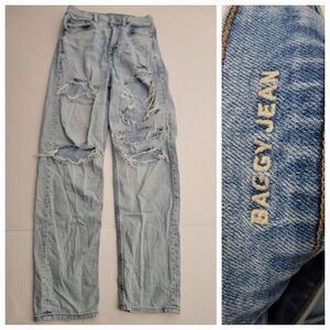 AMERICAN EAGLE Baggy Jeans Womens Sz 2 High Rise Distressed Destroy Straight